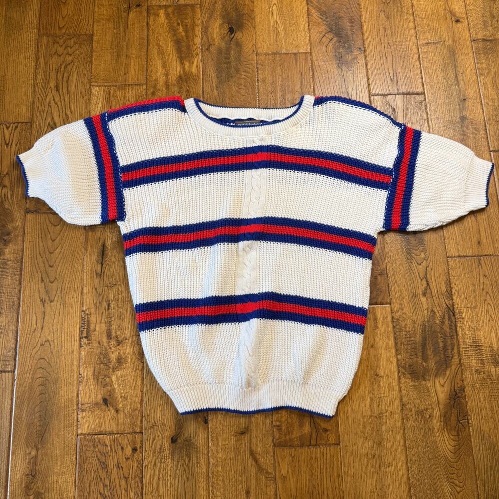 VTG Yarnworks White Red Blue Striped Short Sleeve Knit Sweater Womens L USA